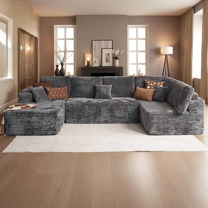 Oversized U Shaped Boneless Sectional Cloud Couch, 133.1'' Modular Sofa with Chaise, Deep Seat Plush Corduroy Couches for Living Room, No Assembly Required,Plush Corduroy,Gray