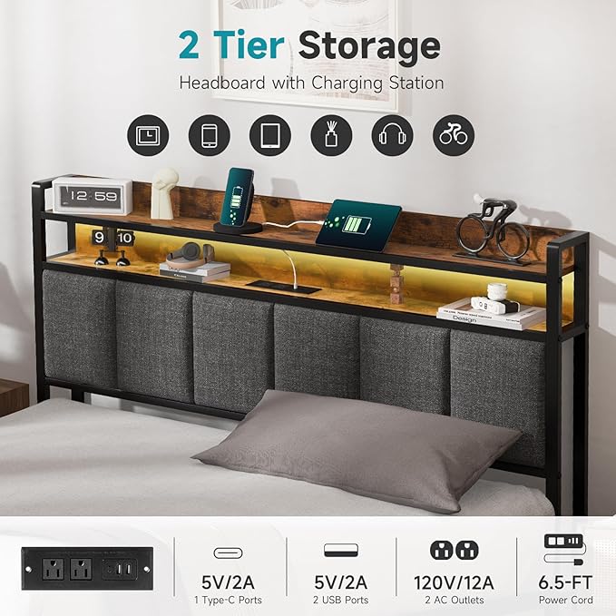Z-hom Queen Bed Frames, Queen Bed Frame with 2-Tier Storage Upholstered Headboard, Metal Platform with USB Charging Station & LED Lights, Noise Free, No Box Spring Needed, Easy Assembly, Vintage Brown