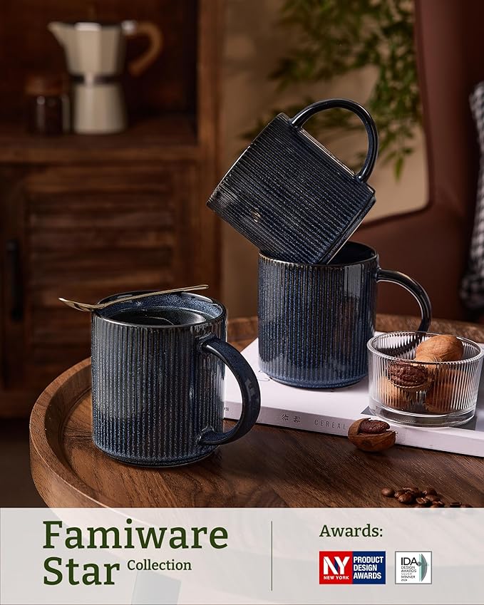 famiware Coffee Mug Set for 4, Star 16 oz Catering Mugs Cup Set with Handle for Coffee, Tea, Cocoa, Milk - Ceramic Stoneware Drinkware Set, Nebulas Blue