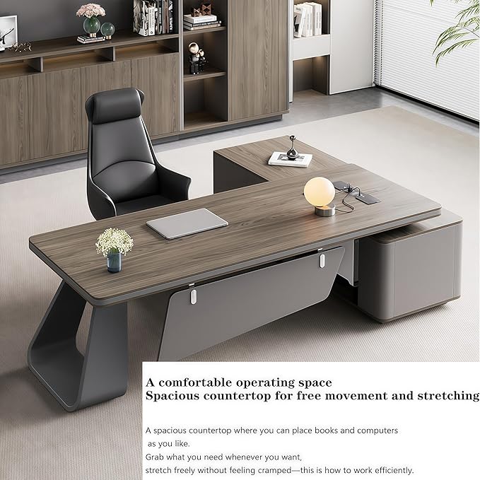 L Shaped Executive Desk, 78.7 inch Large Executive Computer Desk Set Drawers and Lockable, Power Socket and USB Port Storage, Without Display Racks and Bookshelves