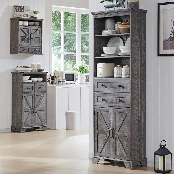 ACCOHOHO Bathroom Storage Cabinet, 72" Tall Farmhouse Storage Cabinet with 2 Drawers, Adjustable Shelves & Barn Door, Cabinet for Bathroom, Living Room, Kitchen, Grey Wash