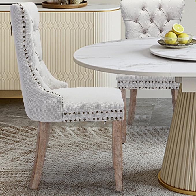 Linen Upholstered Dining Chairs Set of 2, Modern Style Kitchen Side Chairs with Nailhead Trim and Wood Leg, Metal Pulling Ring for Dining Room Living Room(Beige,Set of 2)