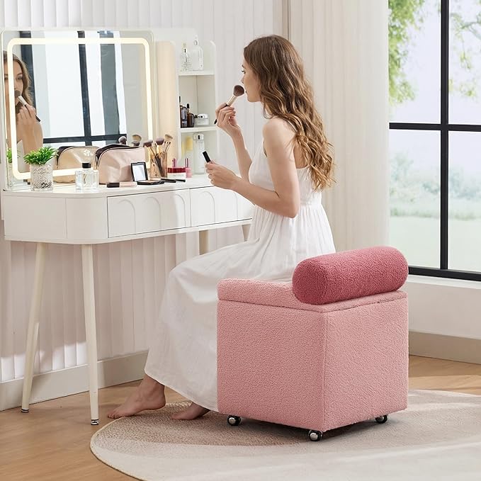 Boucle Vanity Chair with Storage, Swivel Makeup Vanity Chair with Wheels & Safety Hinge, Upholstered Vanity Stool Ottoman for Bedroom, Dressing Room, Pink