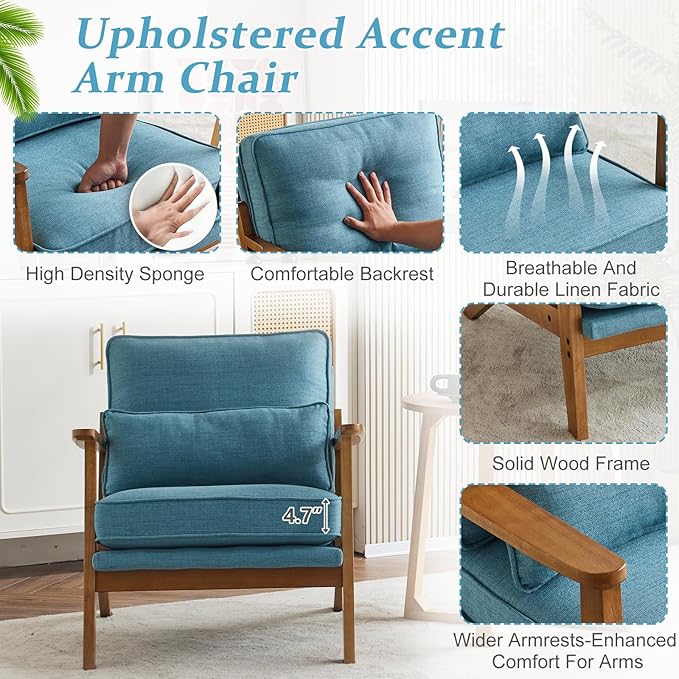 VINGLI Solid Wood Wide Armrests Accent Chair Set of 2,Upholstered Mid Century Modern Chair with Pillow,Comfy Reading Chair,Chairs Living Room,Bedroom,Guest Room,Linen Fabric,Navy Blue