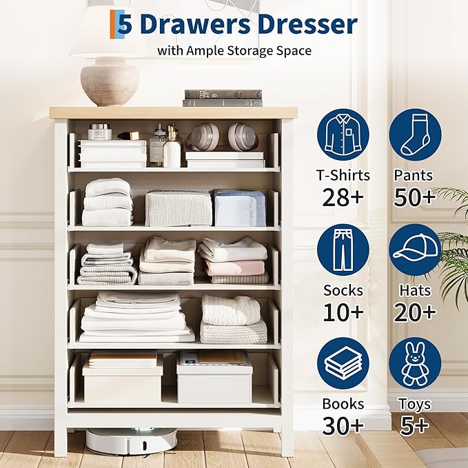 GarveeHome Fluted 5 Drawer Tall Dresser for Bedroom, 42.9 in Chest of Drawers, Wooden Dresser Chest with Clothes Storage Cabinet, Drawer Organizer, TV Stand for Bedroom, Living Room, Hallway, White