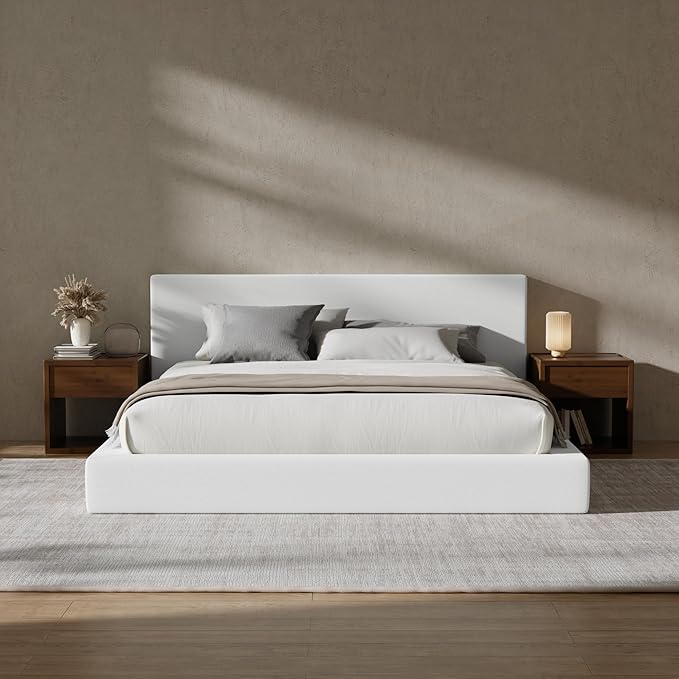 RECCI Cloud Upholstered Queen Bed Frame with Headboard, 5 Inch Foam Padded Platform, No Box Spring, Easy Assembly (Off-White)