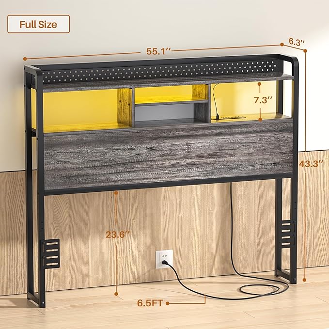 Unikito Headboard for Full Size Bed with Storage Shelf, Head Board with 3 Outlets and 2 USB Ports, Headboards with RGB LED Light, Height Adjustable, Sturdy and Stable, Easy Assembly,Black Oak