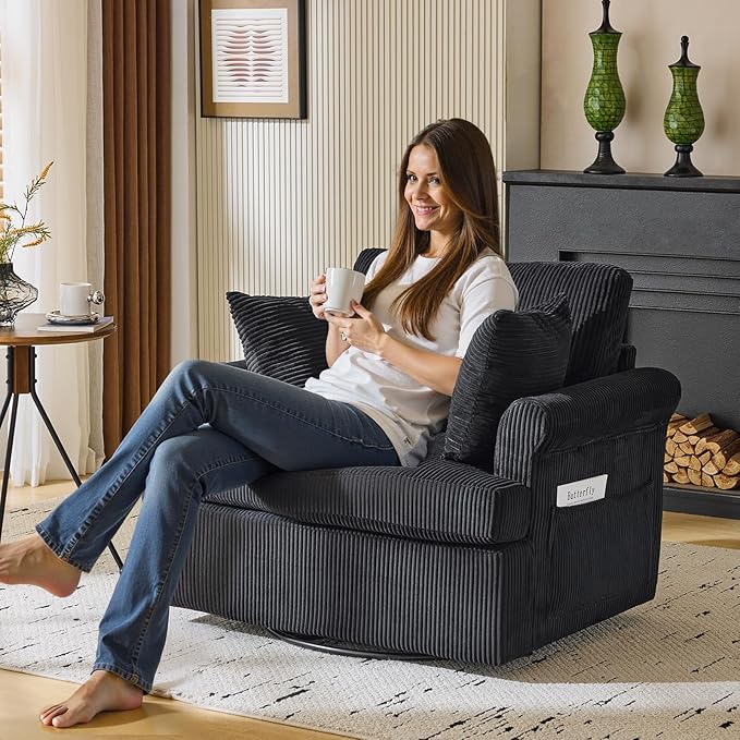 Karl home 39" Swivel Accent Chair,Oversized Seat Armchair W/2 Pillows and 4 Pockets,Modern Upholstered Corduroy Barrel Chairs,Comfy Single Sofa for Living Room,Reading,Bedroom and Office -Black