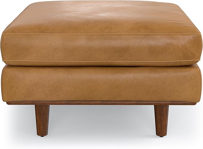 SIMPLIHOME Morrison 33 inch Wide Ottoman in Sienna Genuine Leather, Multifunctional Footrest, Coffee Table, and Extra Seating for Living Room, Mid-Century Modern Style