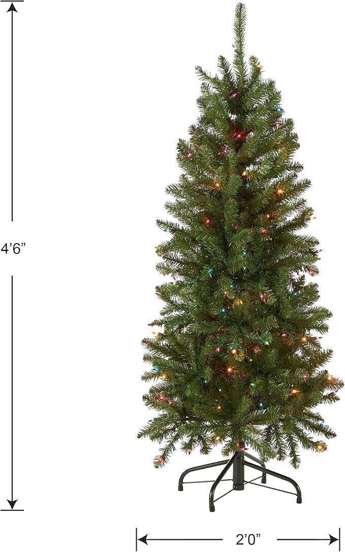 National Tree Company 4.5 ft Pre-Lit Kingswood Fir Slim Artificial Christmas Tree, 150 Multicolor Lights, 330 Tips, Includes Stand, Green