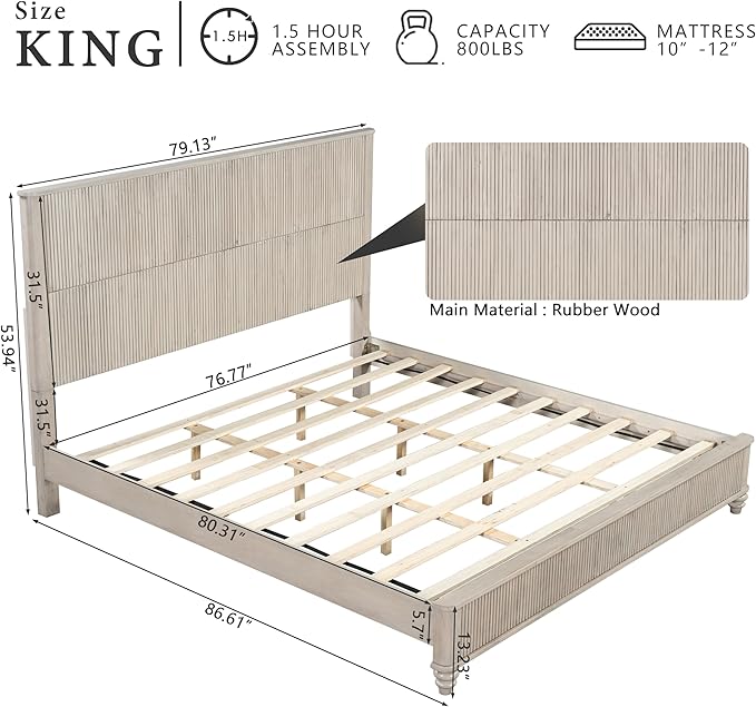 King Size Solid Wood Platform Bed Frame, Solid Wood Bed with 79.13" Headboard, Solid Wood Leg/No Box Spring Needed/Noise Free/Beige