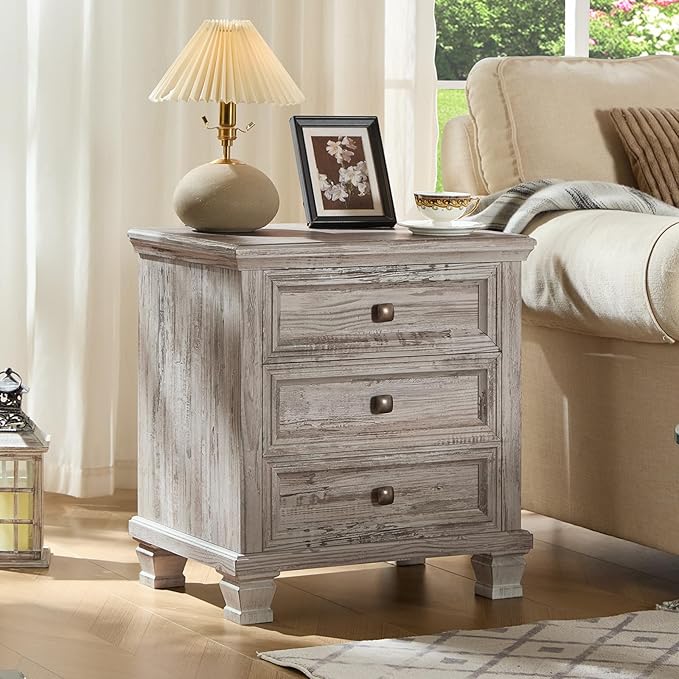 Farmhouse Bedroom Dresser and Nightstand Set of 4, 6 Drawer Low & 5 Drawers Dresser & 3 Drawer Nightstand Set with Wooden Legs, Rustic Wood Bedroom Furniture for Livingroom, Hallway, Grey