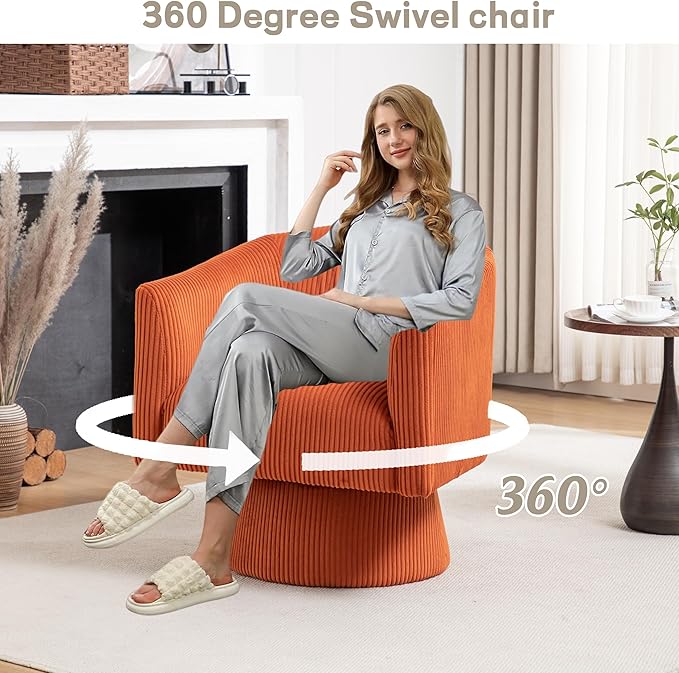 Swivel Accent Chair Set of 2, Modern 360° Swivel Barrel Chair, Corduroy Upholstered Single Sofa for Living Room, Bedroom(Orange)