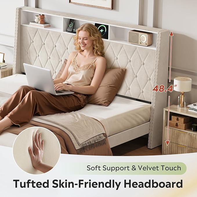 WLIVE King Size Upholstered Bed Frame with Storage Headboard, Velvet Square Tufted Platform Bed with Charging Station, Sturdy Metal & Wooden Slats Support, No Box Spring Needed, Beige