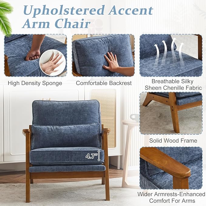 VINGLI Solid Wood Wide Armrests Accent Chair Set of 2,Upholstered Mid Century Modern Chair with Pillow,Comfy Reading Chair Farmhouse,Chairs Living Room,Bedroom,Guest Room,Chenille Fabric,Dark Blue