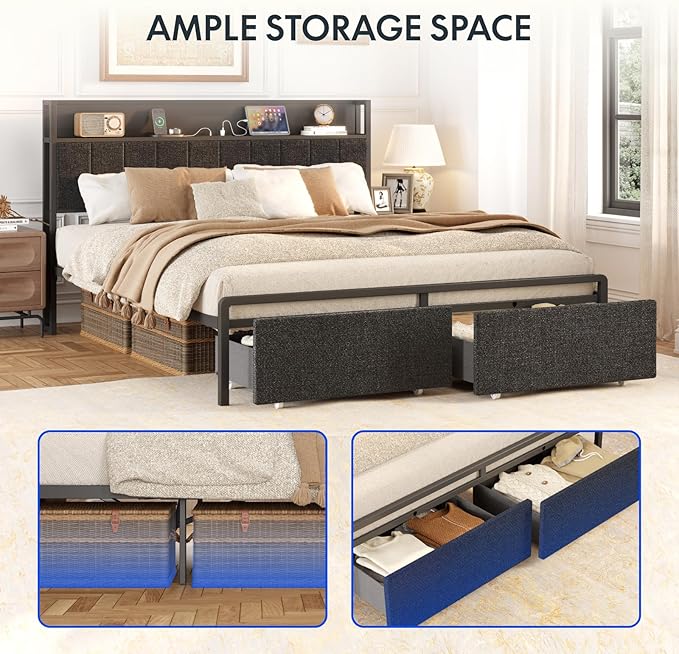 FLEXISPOT BF21Q Adjustable Bed with Storage Headboard and Charging Station, LED Light, Fabric Storage Drawers, Durable and Sturdy, No Box Spring Required, Easy Assembly.