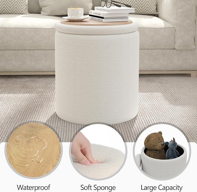 Ottoman Poufs with Storage,Soft Upholstered Vanity Stool,Multifunctional Ottomans Coffee Table Padded Seat Foot Rest for Living (White M)