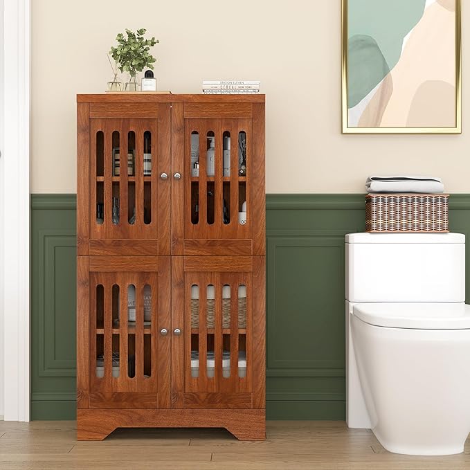 PARTPHONER Bathroom Floor Storage Cabinet with Cabinet Lights, Modern Storage Cabinet with 4 Doors and Adjustable Shelves, Buffer Hinges, Walnut Pantry Cabinet for Living Room & Kitchen