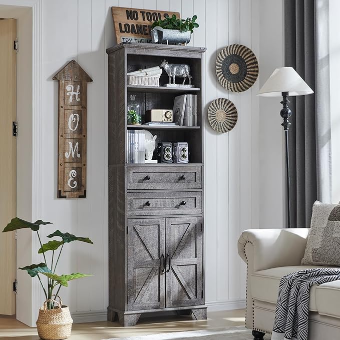 ACCOHOHO Bathroom Storage Cabinet, 72" Tall Farmhouse Storage Cabinet with 2 Drawers, Adjustable Shelves & Barn Door, Cabinet for Bathroom, Living Room, Kitchen, Grey Wash