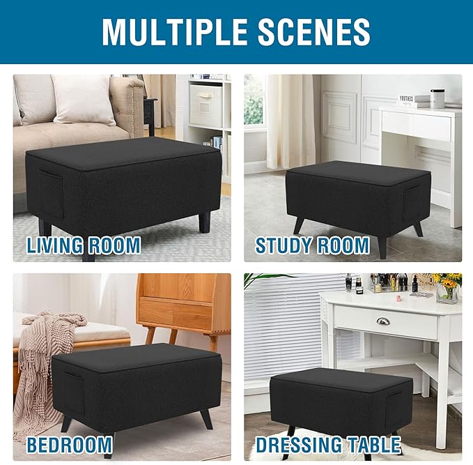 H.VERSAILTEX Ottoman Cover Rectangle Fit Length 49"-50" Footrest Linen Look Ottoman Slipcovers Thick Ottoman Covers Slipcover Rectangle Slipcovers for Ottomans Sturdy Foot Stool Cover - Heather Black