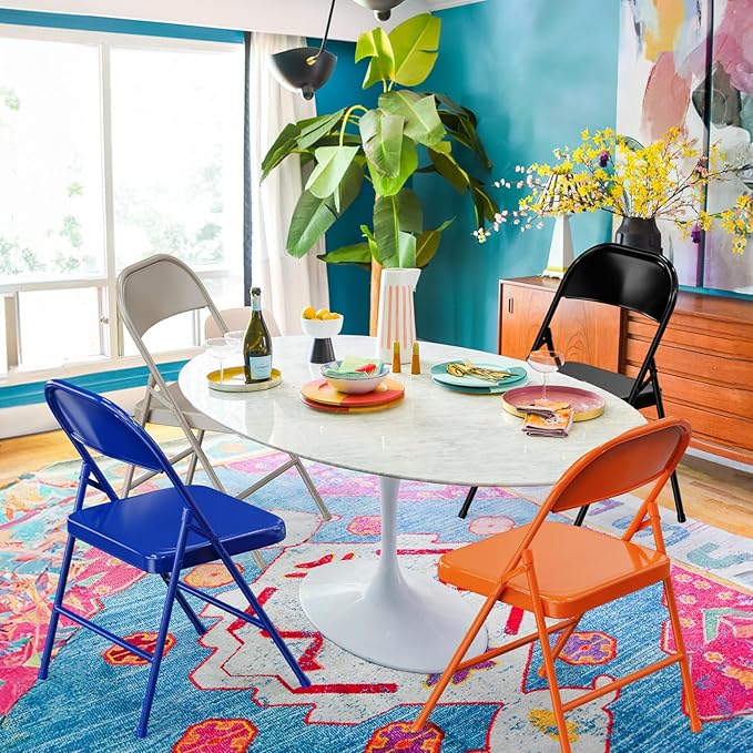 VINGLI Folding Chairs All Steel Metal Frame, Capacity 350 lbs, Durable Portable and Versatile for Indoor Outdoor Use, Orange, Set of 4