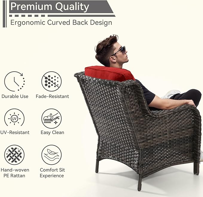 Patio Wicker Chairs Set of 2, Patio Rattan Dining Chairs with 3.5-inch Seat Cushions, High Back and Curved Armrest for Garden, Backyard, Balcony and Deck, Red