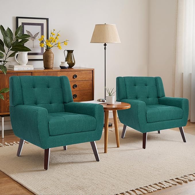Accent Chairs Set of 4, Mid-Century Modern Upholstered Armchair, Comfy Fabric Living Room Chairs Reading Chairs with Button Tufted Back & Solid Wood Legs for Bedroom, Office, Light Blue