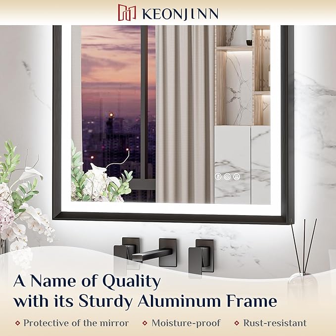Keonjinn 30" x 36" LED Bathroom Mirror with Frontlit & Backlit, Black Metal Framed Mirror for Wall, Antifog, Stepless 3 Colors Temperature, UL-Listed LED Driver, Tempered Glass