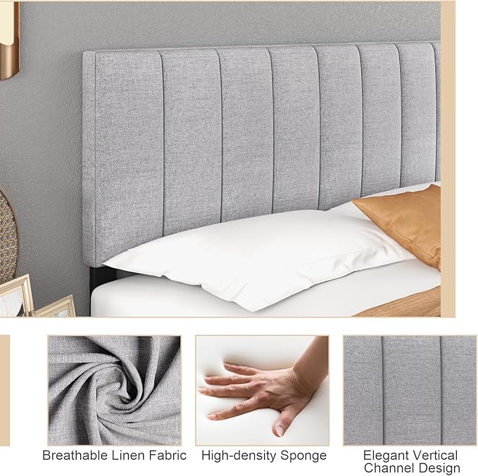 Giantex Linen Upholstered Headboard, Adjustable Width Button Tufted Headboard Only with Solid Wood Legs, Attach Frame, Modern Headboards for Queen Full Size Bed, Gray