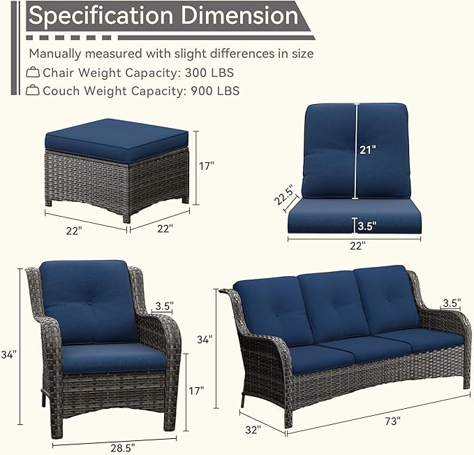 7 Pieces Outdoor Patio Conversation Set, Wicker Furniture Set Includes 3-Seat Sofa, Patio Rattan Dining Chair Set of 4, 2 Ottomans, for Porch, Yard, Mixed Brown Rattan, Blue