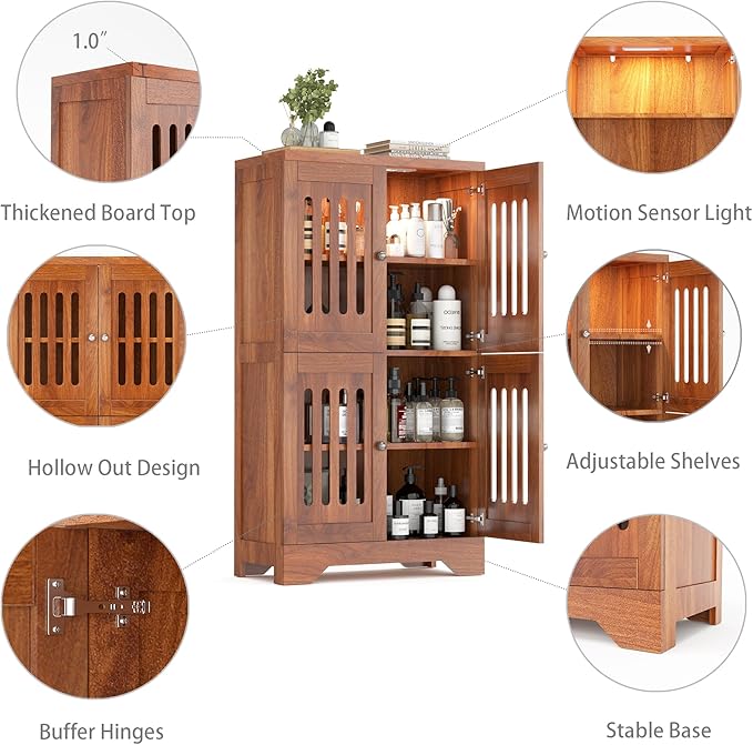 PARTPHONER Bathroom Floor Storage Cabinet with Cabinet Lights, Modern Storage Cabinet with 4 Doors and Adjustable Shelves, Buffer Hinges, Walnut Pantry Cabinet for Living Room & Kitchen