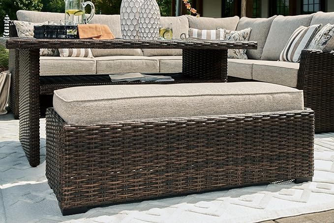 Signature Design by Ashley Brook Ranch Casual Nuvella Weather Resistant Fabric Right Hand Facing Outdoor Sofa Sectional/Bench with Cushion and 6 Throw Pillows, Set of 3, Beige & Dark Brown
