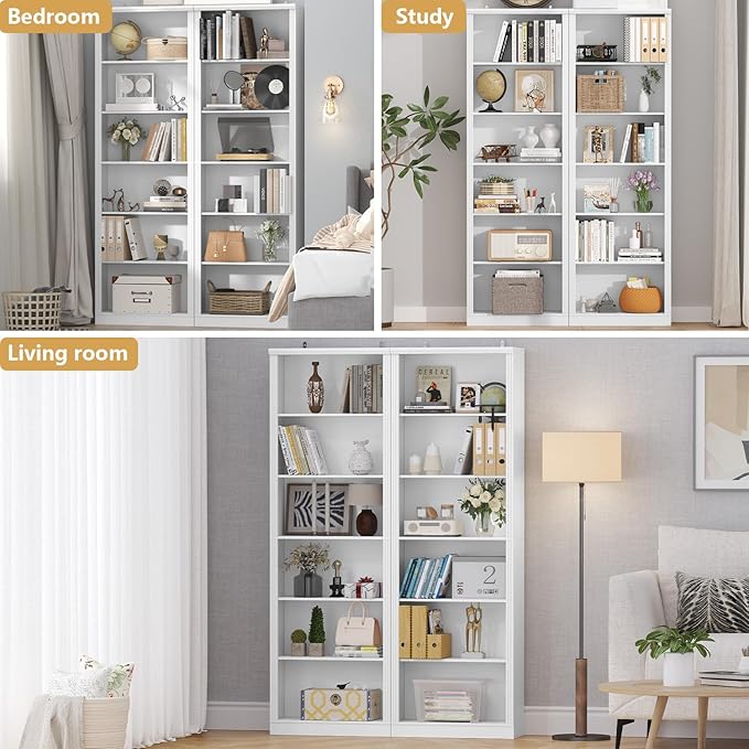 75" Tall Bookshelf & Bookcase Set of 2, 6-Tier Adjustable Storage Shelves, Book Shelf with Anti-Tipping Device, Floor Standing Modern Display Rack for Living Room, Bedroom, Office, White