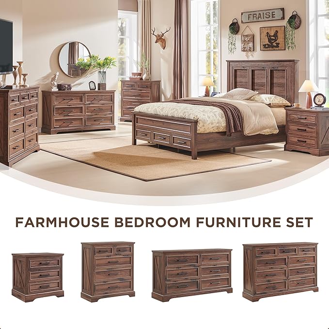 ACCOHOHO Farmhouse 9 Drawer Dresser for Bedroom, 36 Inch Tall Modern Dresser TV Stand with Large Drawers & Bar Handles, Rustic Wood Chest of Drawers for Bedroom, Living Room, Hallway, Brown
