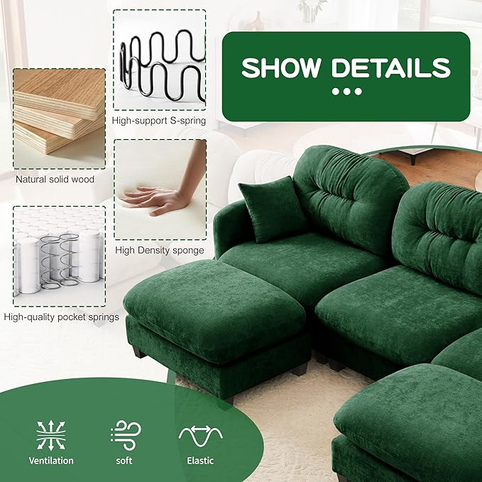 140" 4 Seater Couch for Living Room, Comfy Chenille Fabric Cloud Sectional Couch, Modern Upholstered Deep Seat Sofa with Armrest Pillow, Oversized Sectional Sofa, Green