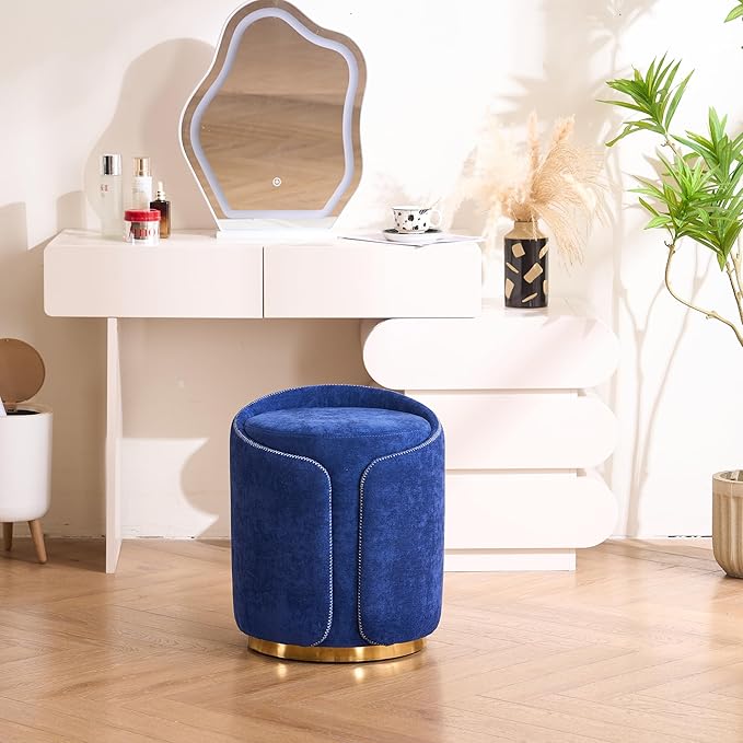 Swivel Vanity Stool with Back Comfy Vanity Chair with Gold Base Modern Round Stool for Makeup Vanity Ottoman Foot Rest for Bedroom livingroom (Navy)