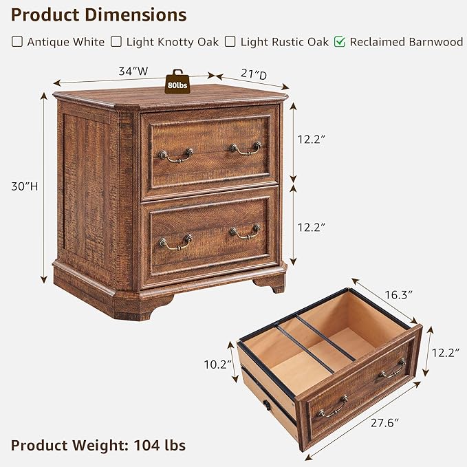 T4TREAM 34" Lateral File Cabinet with 2 Drawers, Farmhouse Filing Cabinet with 34" Wide Wooden Tabletop & Smooth Rails, Holds Letter/Legal, Hexagonal Design & Framed Drawer Fronts, Reclaimed Barnwood