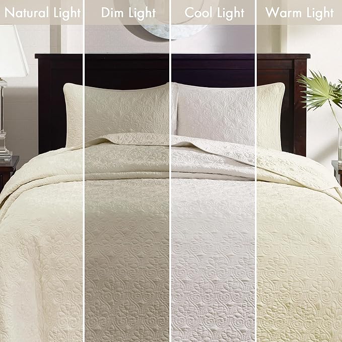 Madison Park Quebec Queen Size Quilt Bedding Set - Ivory , Damask – 3 Piece Bedding Quilt Coverlets – Ultra Soft Microfiber Bed Quilts Quilted Coverlet