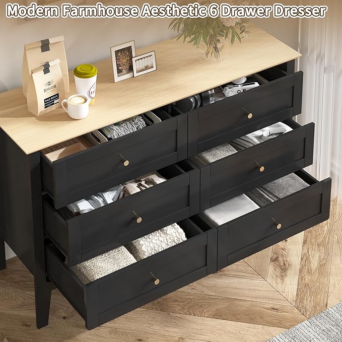 6 Drawers Black Dresser for Bedroom, 47" Wide Wood Modern Chest of Drawers, Shaker Style, Modular Dresser TV Stand for Bedroom, Living Room, Hallway (Black)