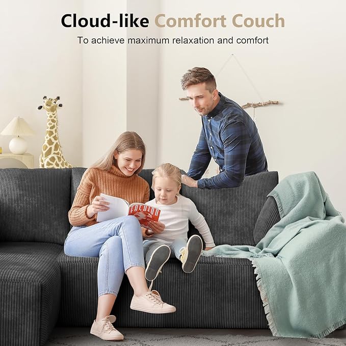 108” Cloud Sectional Couch, Modular Sectional Sofa with Deep Seat, Corduroy Boneless Couches with Chaise for Living Room Bedroom, No Assembly Required