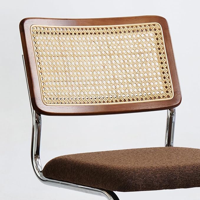 Brown Rattan Dining Chairs Set of 2, Wooden Mid-Century Modern Kitchen Chairs, Mesh Back Cane Dining Room Chairs, Cesca Chair with Metal Chrome Legs