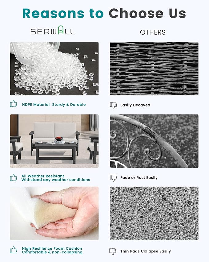 SERWALL HDPE Outdoor Couch Set of 2, All-Weather Wood-Like Outdoor Patio Furniture Set, Outdoor Sofa Chairs with Khaki Cushions