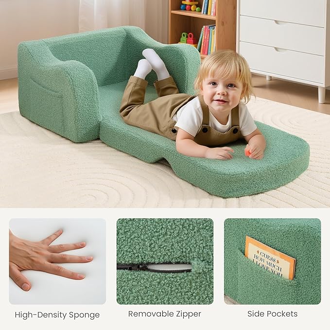 Comfy Toddler Chair & Kids, 2-in-1 Soft Couch Fold Out for Kids, Toddler Chairs Comfy 1-3 Years Old, Convertible Plush Sofa to Lounger for Girls and Boys, Green