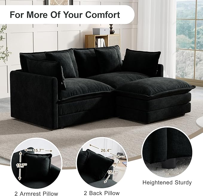 Modular Sectional Sofa, 76.7 Inch L-Shaped Cloud Sofa with Deep Seat Comfortable Chenille Sofa with Cushion Double Sectional Sofa for Living Room Apartment,Black