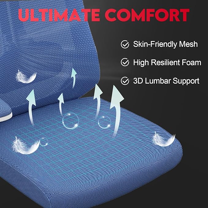 Ergonomic Office Chair - 400LB Comfy Desk Chairs with Adjustable Headrest and Lumbar Back Support, Mesh Computer Chairs with Wheels and Arms for Home Office, Study, Bedroom and Dorm (03blue)