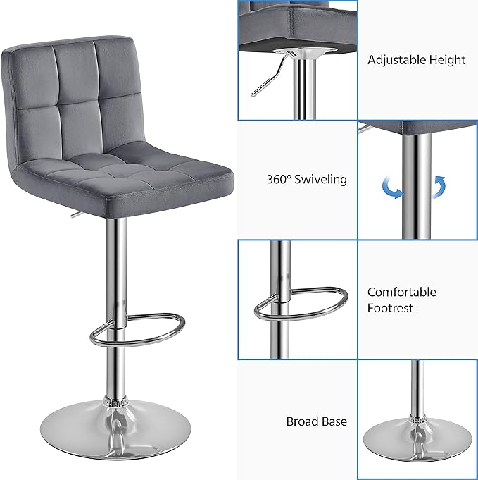 Yaheetech Bar Stools Set of 4, Velvet Fabric Swivel Barstools, Height Adjustable Counter Chairs, Modern Stools with Back for Bar Kitchen Island Dining Room, Dark Grey