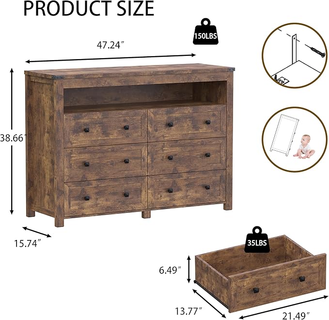 Dresser for Bedroom with 6 Drawers, Wide Chest of Drawers with LED Light and Power Outlet, Wooden Closet Organizer Clothes Storage Cabinet, Modern Double Dressers for Living Room, Hallway, Brown