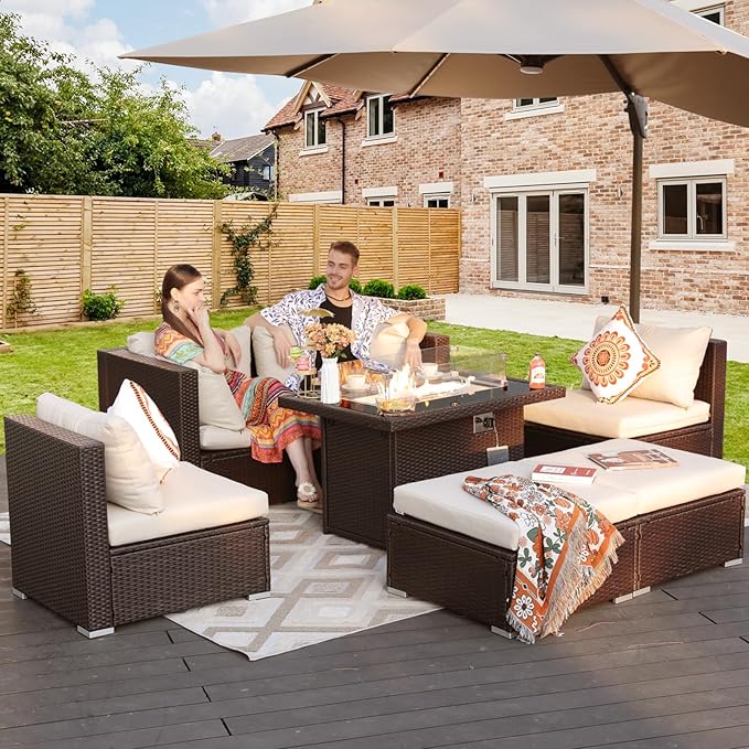 NICESOUL 7 Piece Outdoor Patio Sectional Furniture Set with Fire Pit Natural Gas/Propane, Large Size Comfortable Conversation Sets, 29.3'' High Back Deep Seat Sofa, Brown Rattan and Beige Cushion
