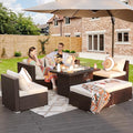 NICESOUL 7 Piece Outdoor Patio Sectional Furniture Set with Fire Pit Natural Gas/Propane, Large Size Comfortable Conversation Sets, 29.3'' High Back Deep Seat Sofa, Brown Rattan and Beige Cushion