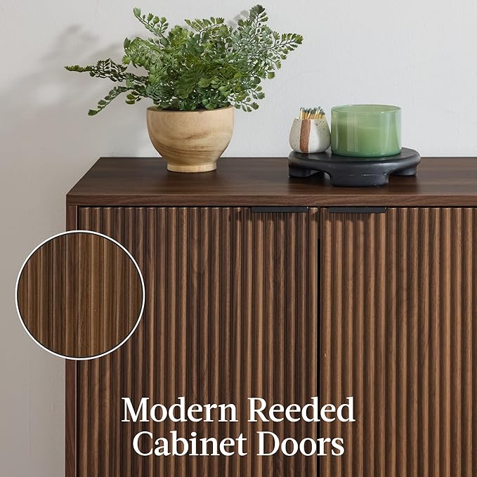 Best Choice Products 55" Modern 4-Door Sideboard Storage Cabinet, Buffet, Media Cabinet, Cupboard, Entryway Accent Table, Bookcase w/Reed Panels and Adjustable Shelves – Walnut